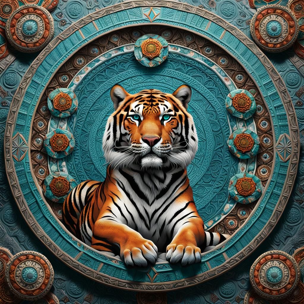 Majestic Tiger Amidst Native American Symbols, Photorealisti...