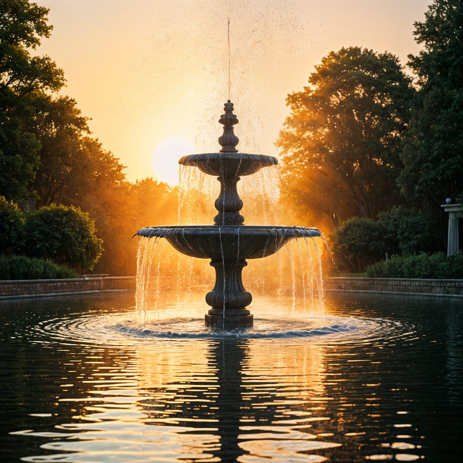 Sunrise Fountain: Golden Hour Serenity
