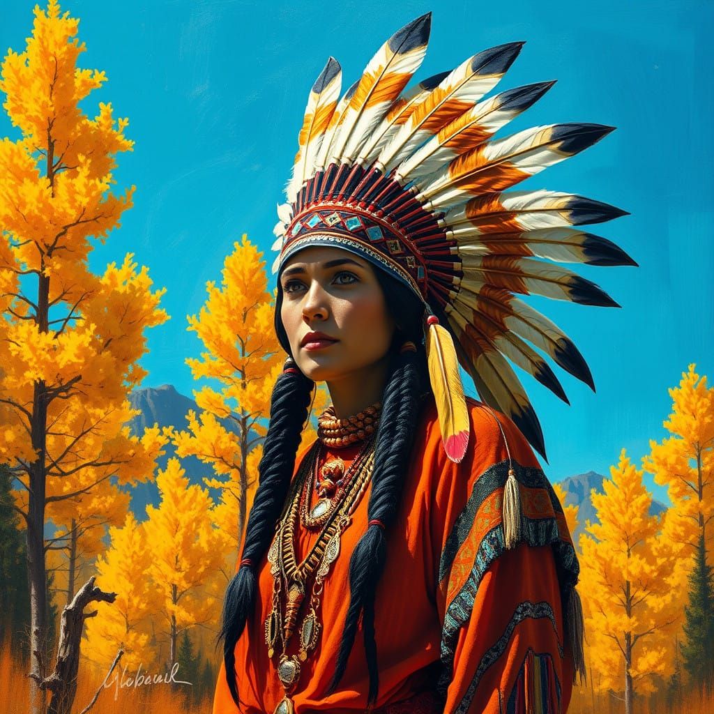 Fantastical Native American Goddess in Vibrant Forest Landsc...