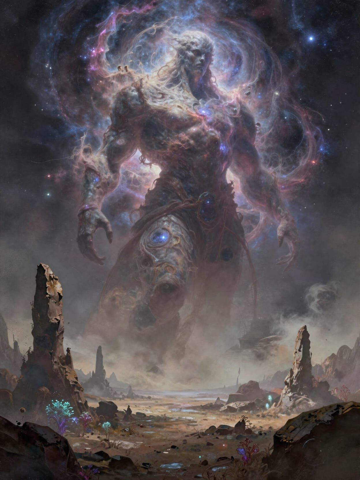 Cosmic Being Descends on Alien Planet in Art Nouveau Style