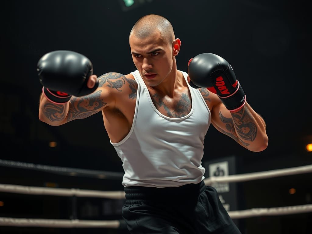 Muscular Young Boxer Lands Intense Power Punch in Dramatic S...