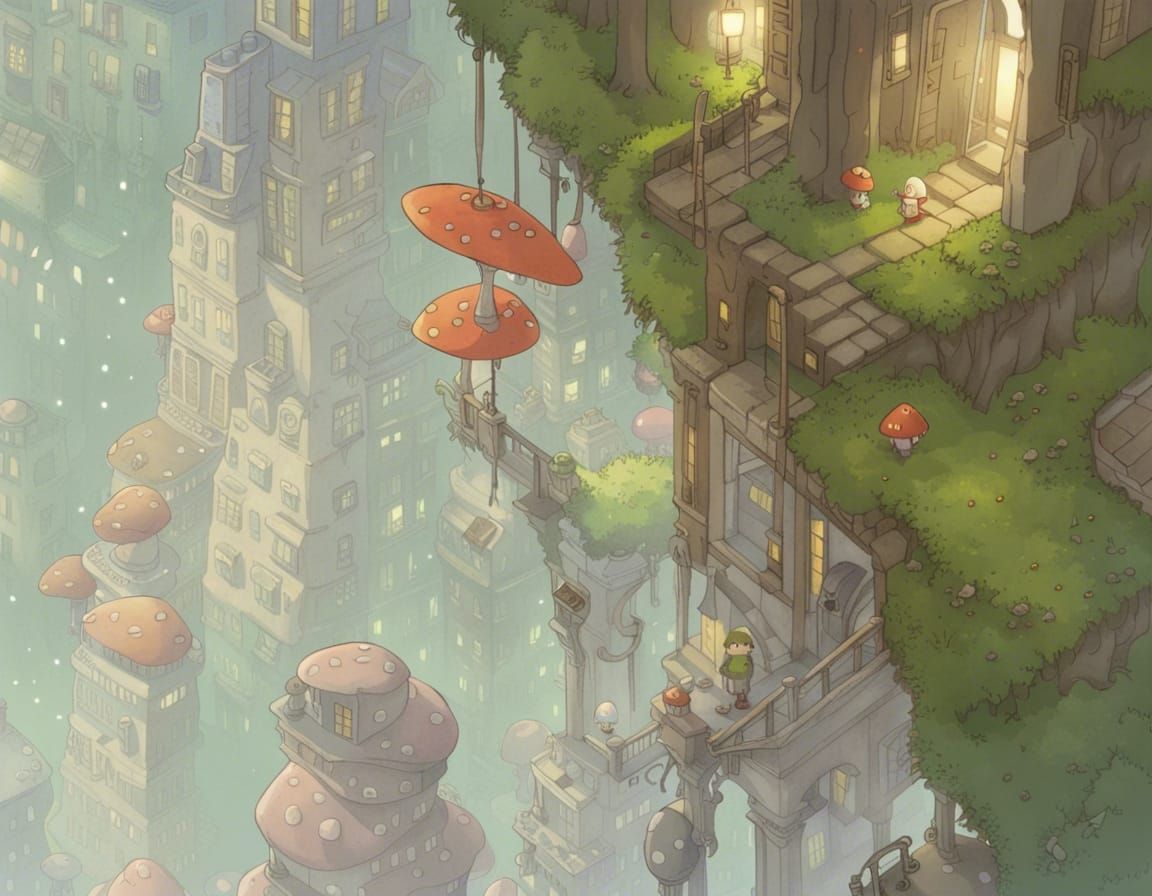 Misty Overgrown City at Night in Ghibli Style