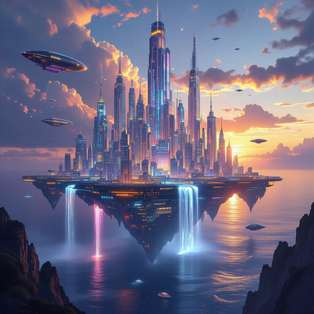 Futuristic Floating City Above Ocean at Sunset
