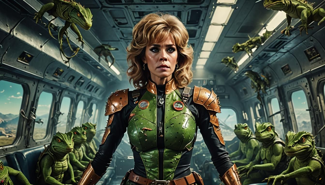 Wounded Barbarella Surrounded by Lizards on a Plane