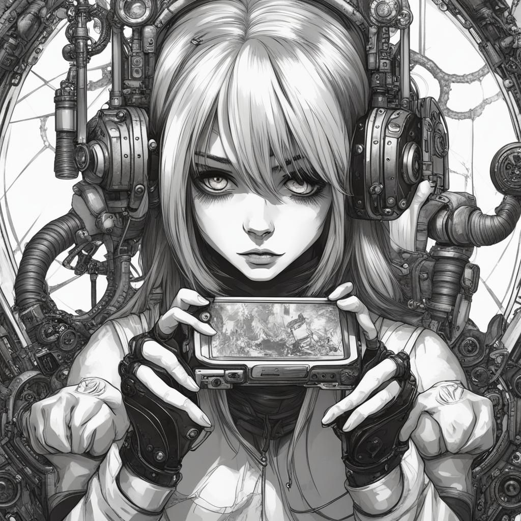 Monochrome Steampunk Gamer Girl with Red Eyes