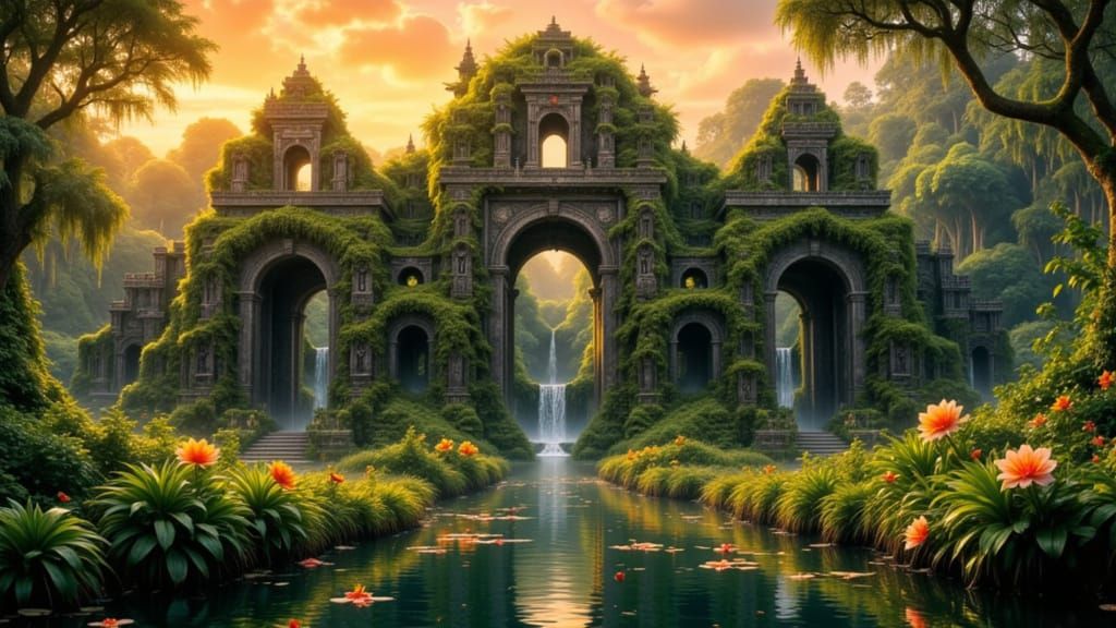 Majestic Aztec Temple in Blooming Rainforest at Sunset