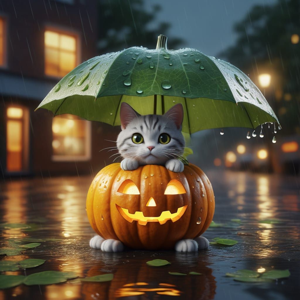 Whimsical Pumpkin Kitty Under Rainy Night Sky