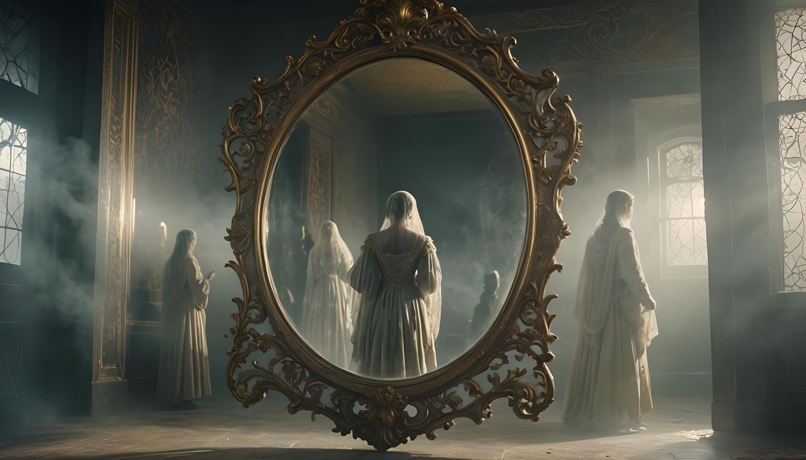 Mysterious Ancient Mirror Reflecting Ghostly Figures