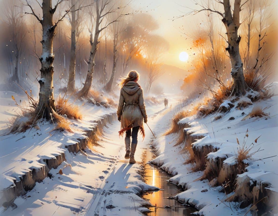 Winter Path Sunset in Watercolour Style