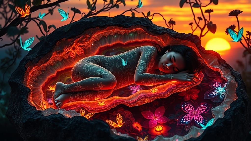 Dreamy Geode Nap in a Bioluminescent Jungle