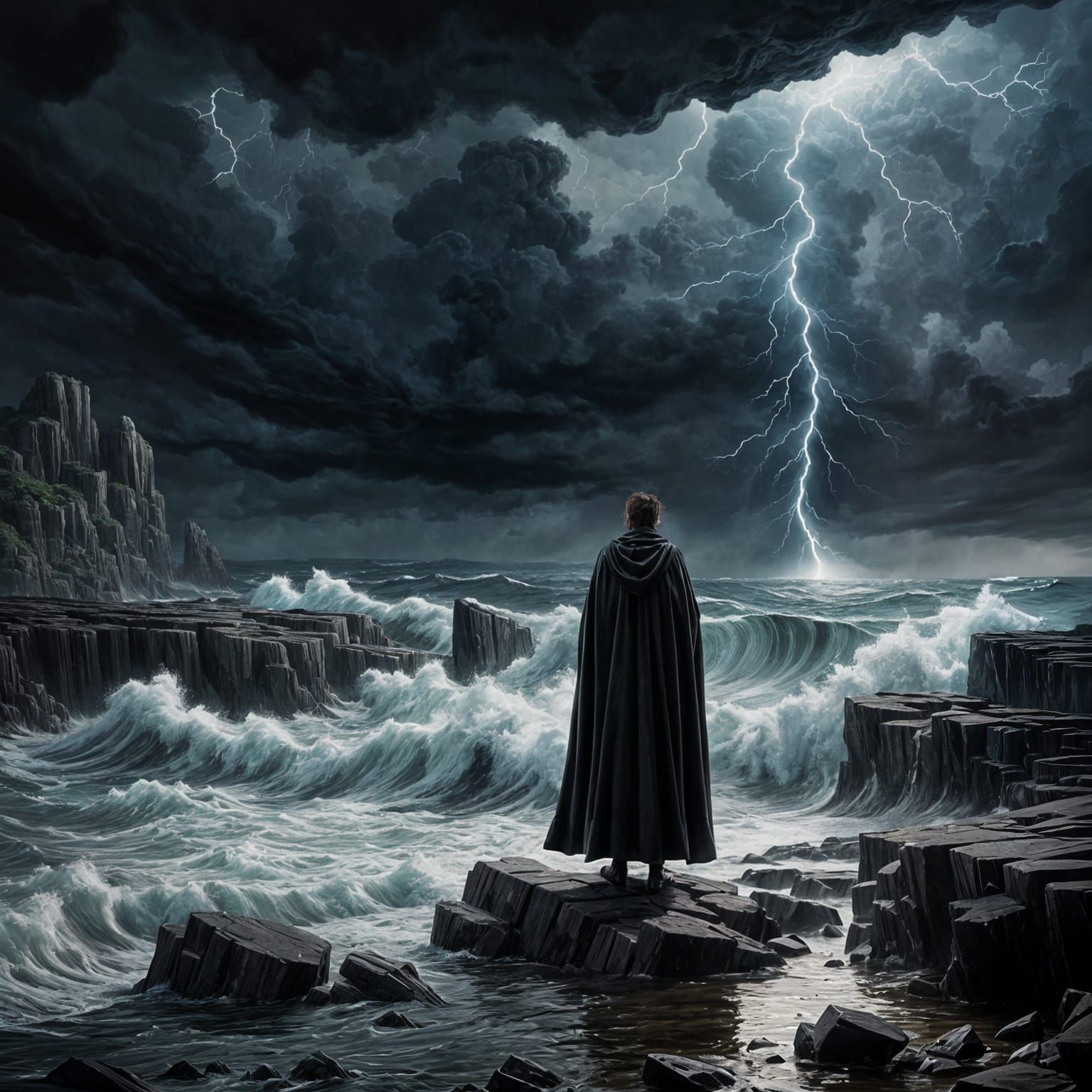Mysterious Figure Stands Firm in a Turbulent Stormy Sea
