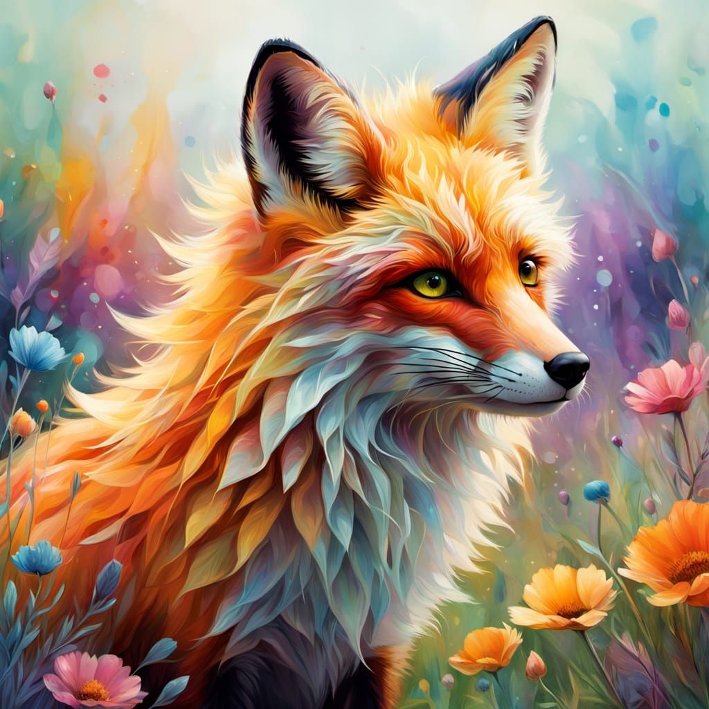 Whimsical Rainbow Fox in Dreamy Meadow