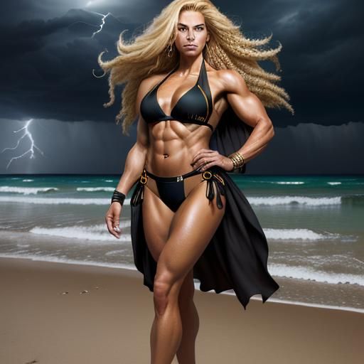 Powerful Woman on Sandy Beach: Hyper-Realistic Digital Art