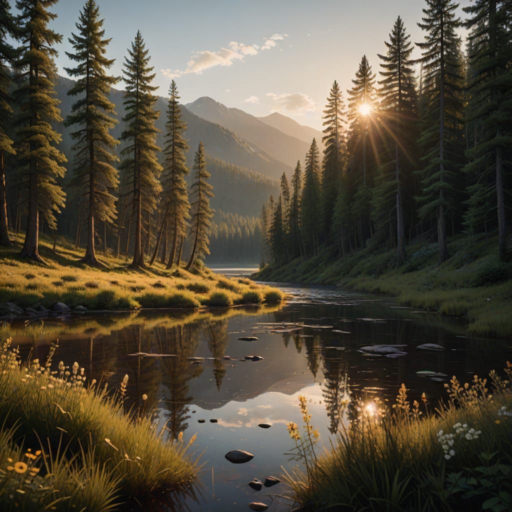 Golden Hour Wilderness Scene with Pine Trees and River