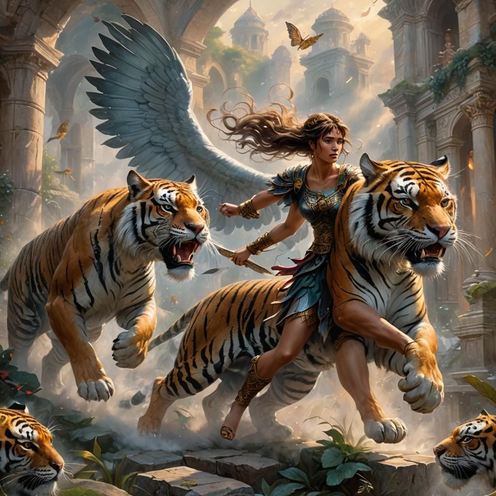winged Ancient Roman pretty 
girl fighter fighting tiger in the cloison