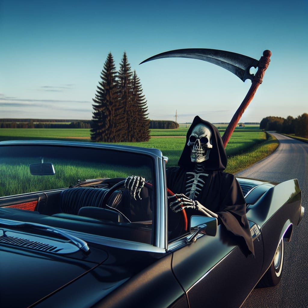 Gothic Grim Reaper Drives Convertible on Rural Road