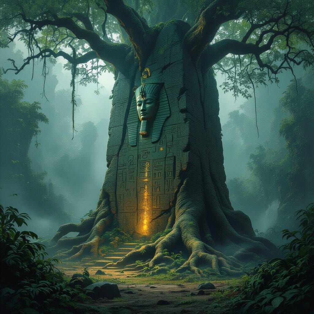 Ancient Monolith in Bioluminescent Jungle Clearing
