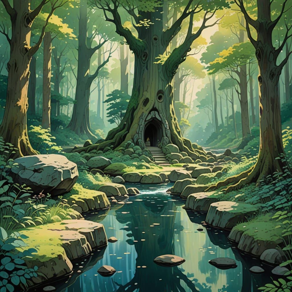 Mystical Forest Grove in Watercolor Style