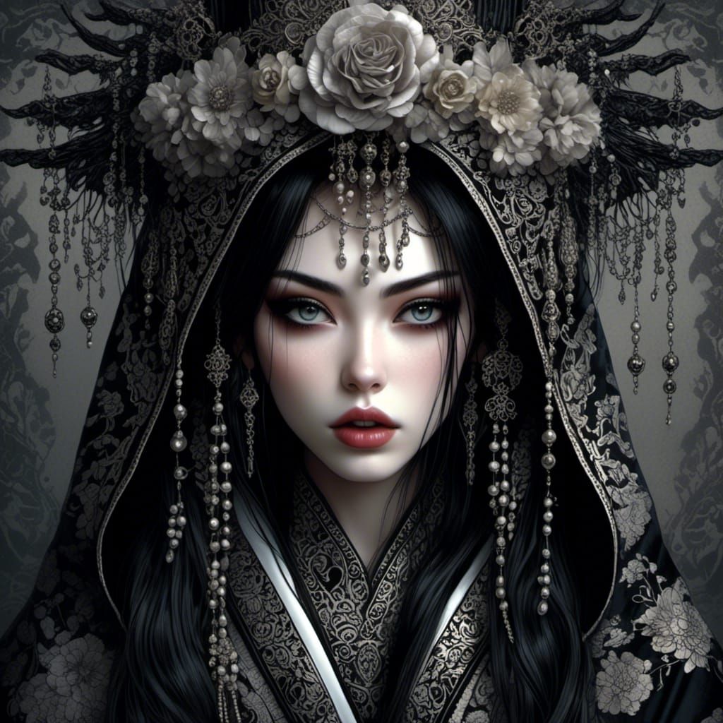 Gothic Geisha in Dark Night Garden