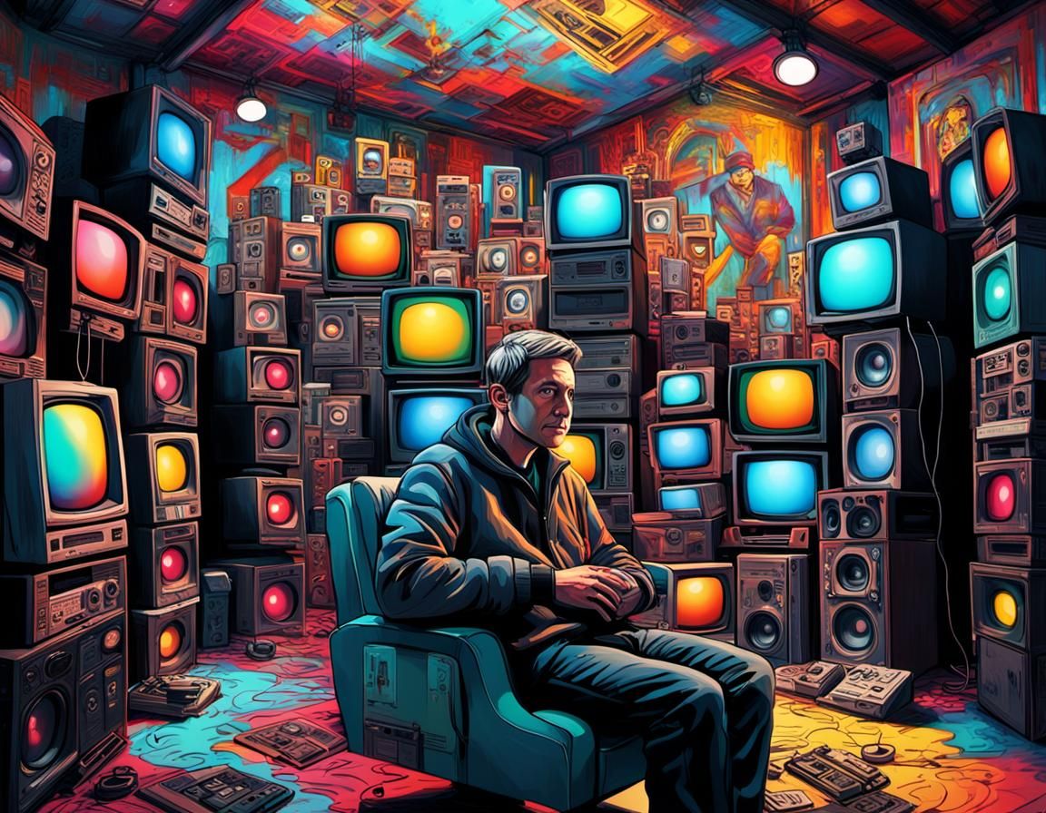 Man on Throne Surrounded by TVs in Street Art Style