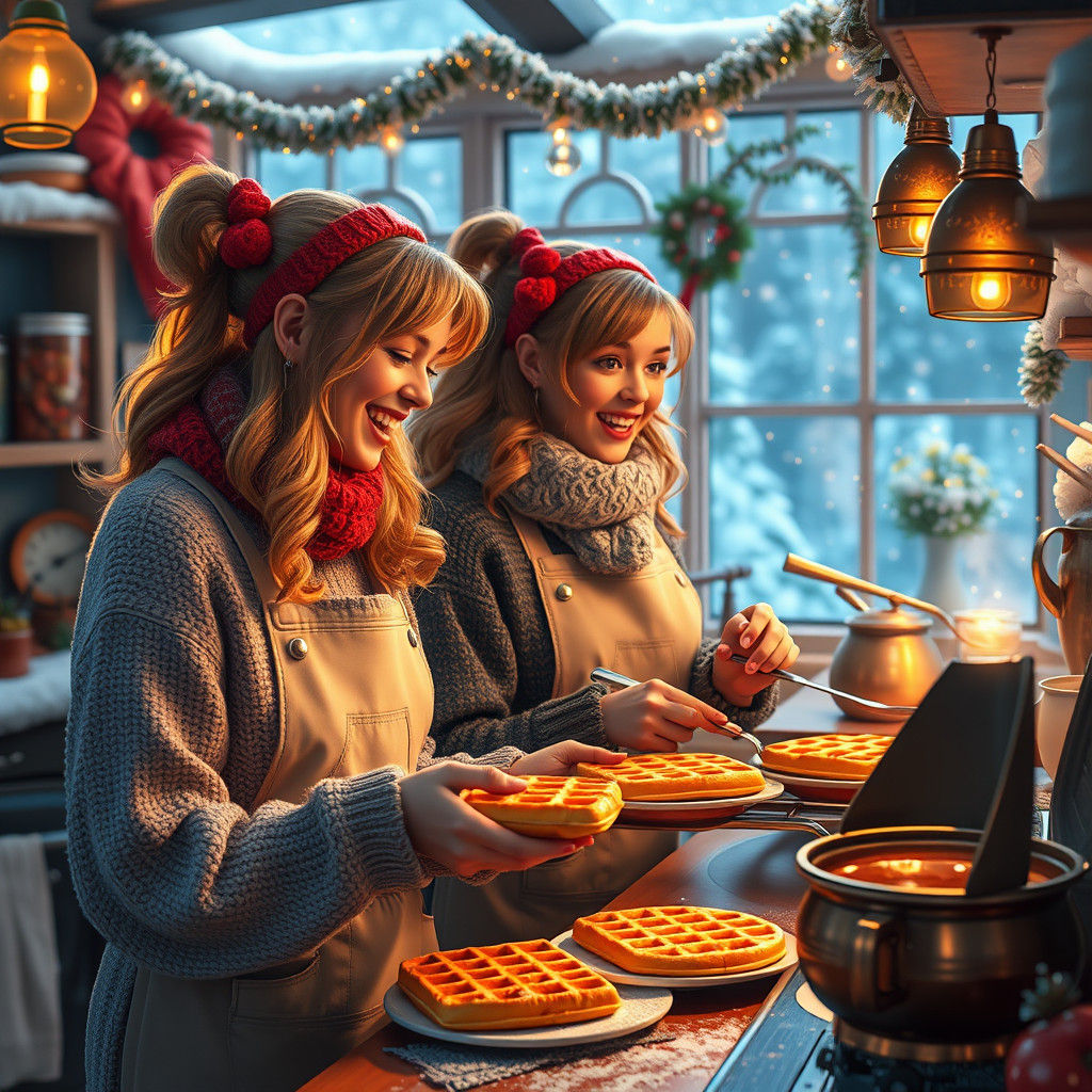 Best Friends Baking Waffles in Winter Wonderland