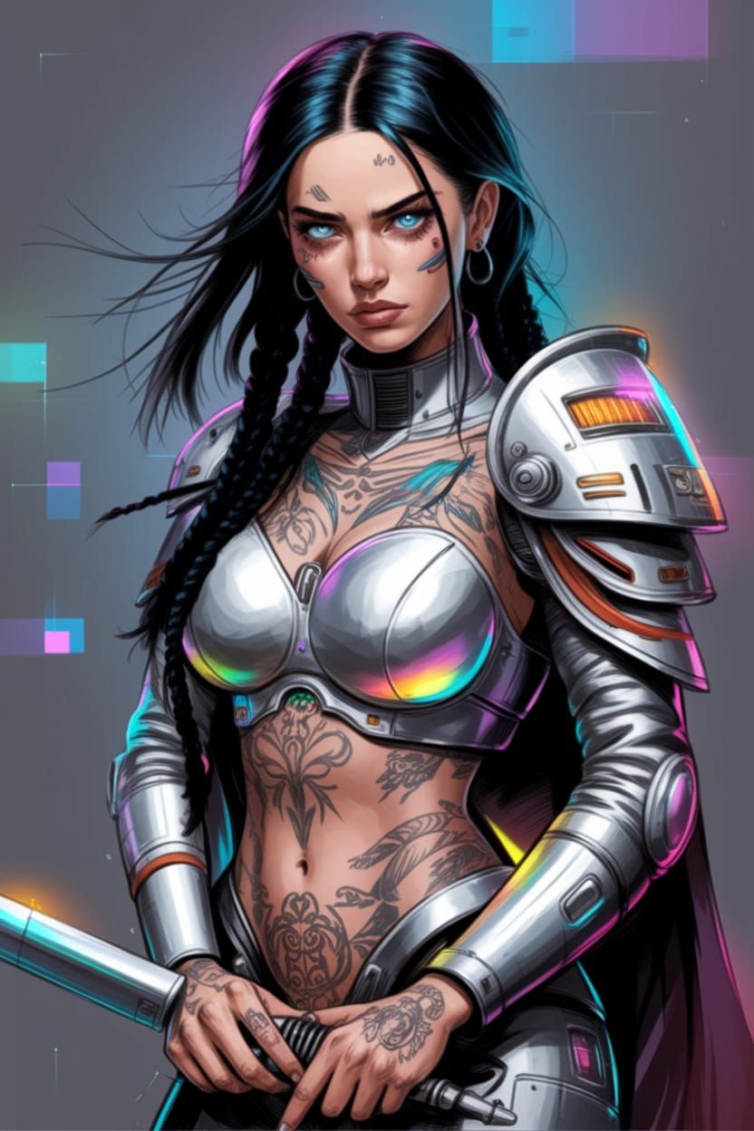 Cyberpunk Goddess in Chicano-Inspired Hand-Drawn Sketch