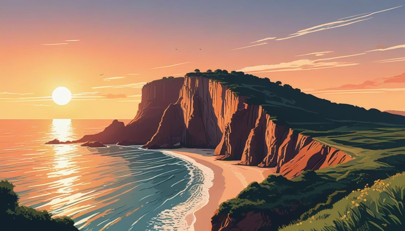 Minimalist Sunrise Over Coastal Cliffs in Cartoon Style