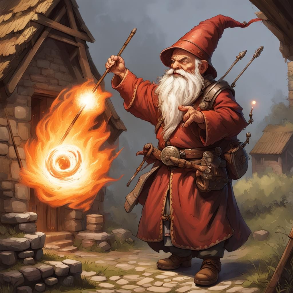 Gnome Wizard Conjures Fireball in Medieval Village