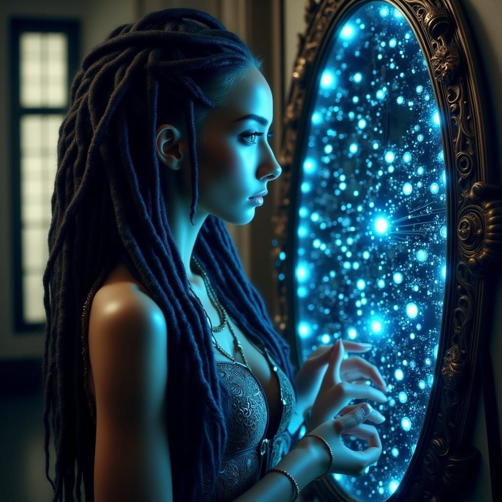 Dreamy Woman and Bioluminescent Mirror in Sci-Fi Style
