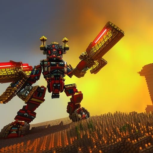 Hyperrealistic Bee Robot Warrior in Red and Yellow