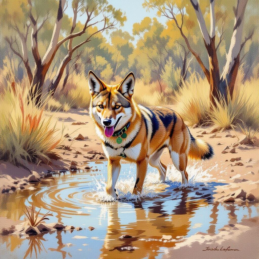 Dingo Splashing in Outback Puddle, Wildlife Art