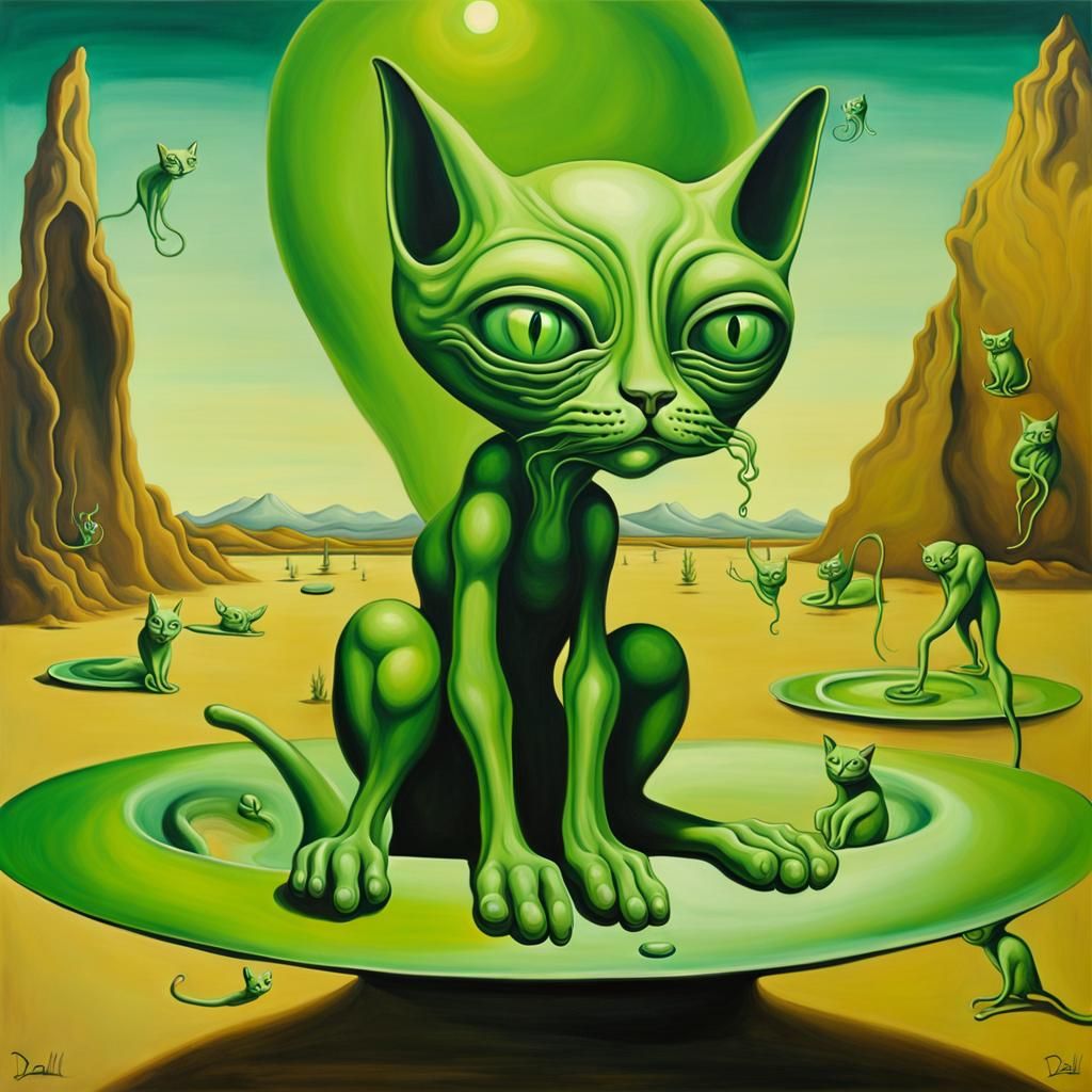 Surreal Green Cat Aliens in Salvador Dali Style