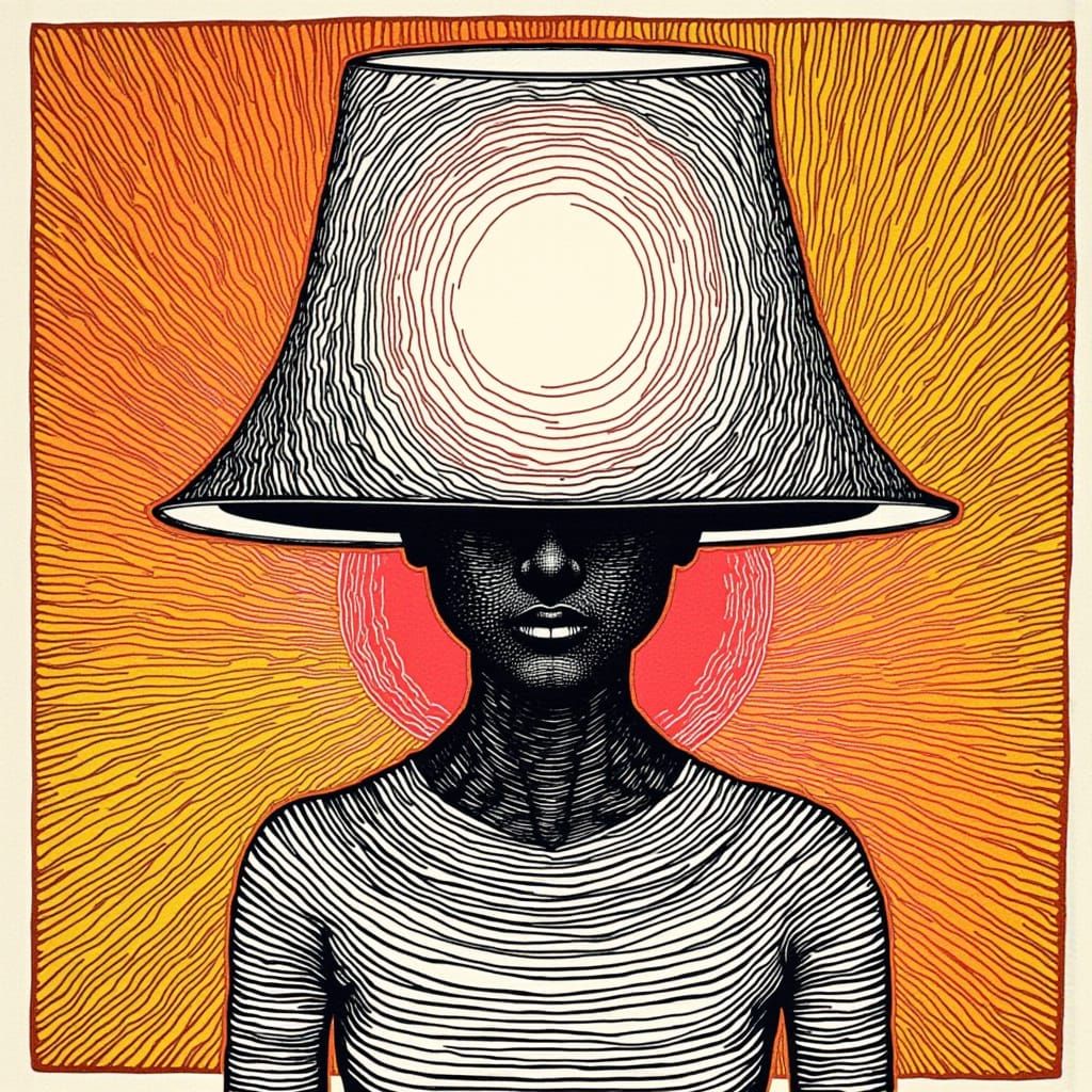 Abstract Line Art Figure with Lampshade Head in Linocut Styl...