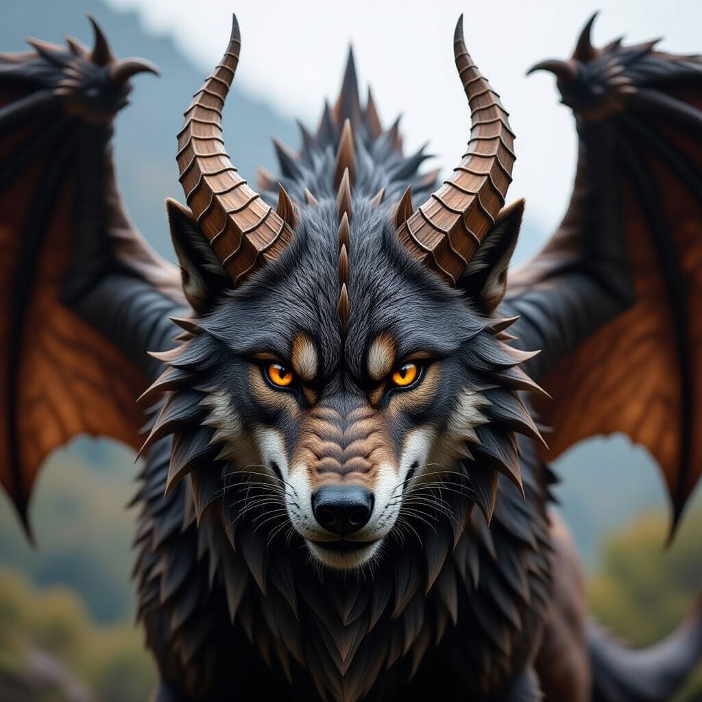 Majestic Dragon-Wolf Hybrid Head with Spiral Horns