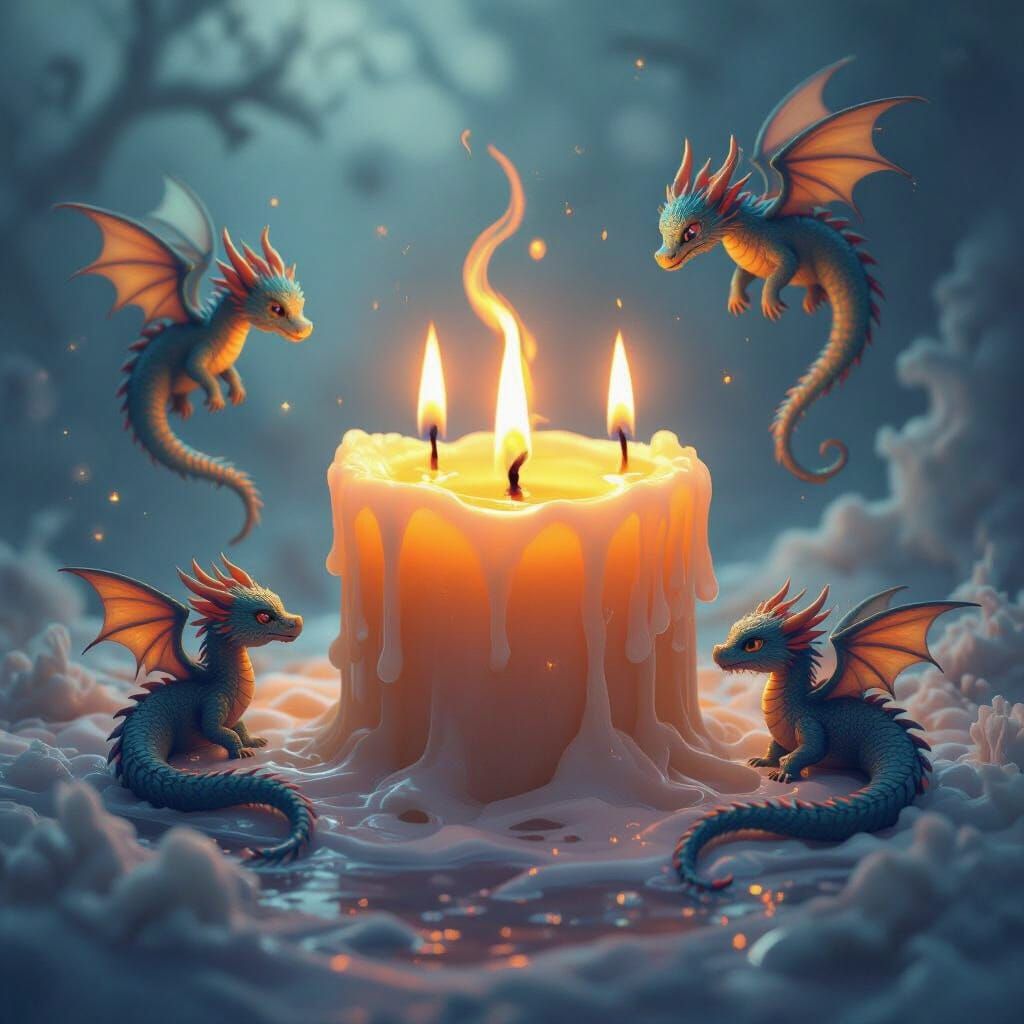 Candle Burns From Both Ends With Dragons, Whimsical Dreamlik...