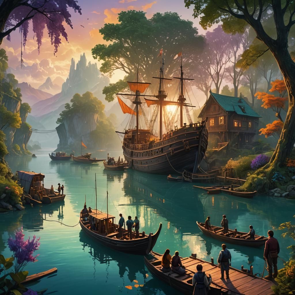 Fantasy Lake Scene with Boats in Golden Light