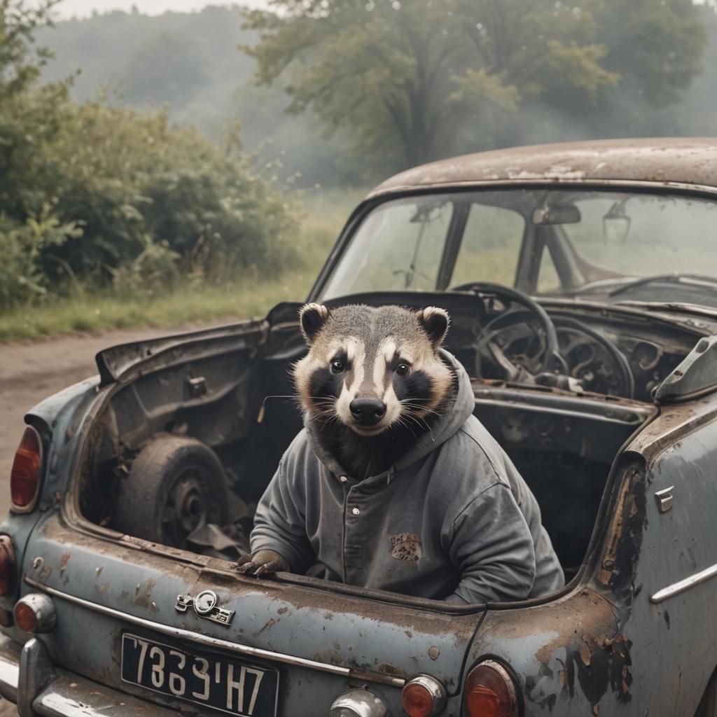 Badger Driving a Smoky Peugeot 403