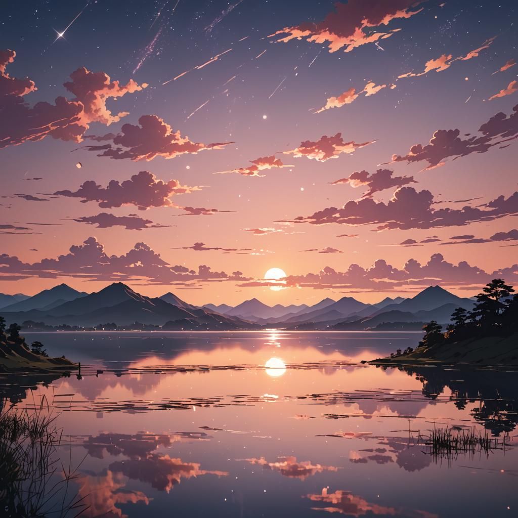 Anime Lake Sunset in Photography Style