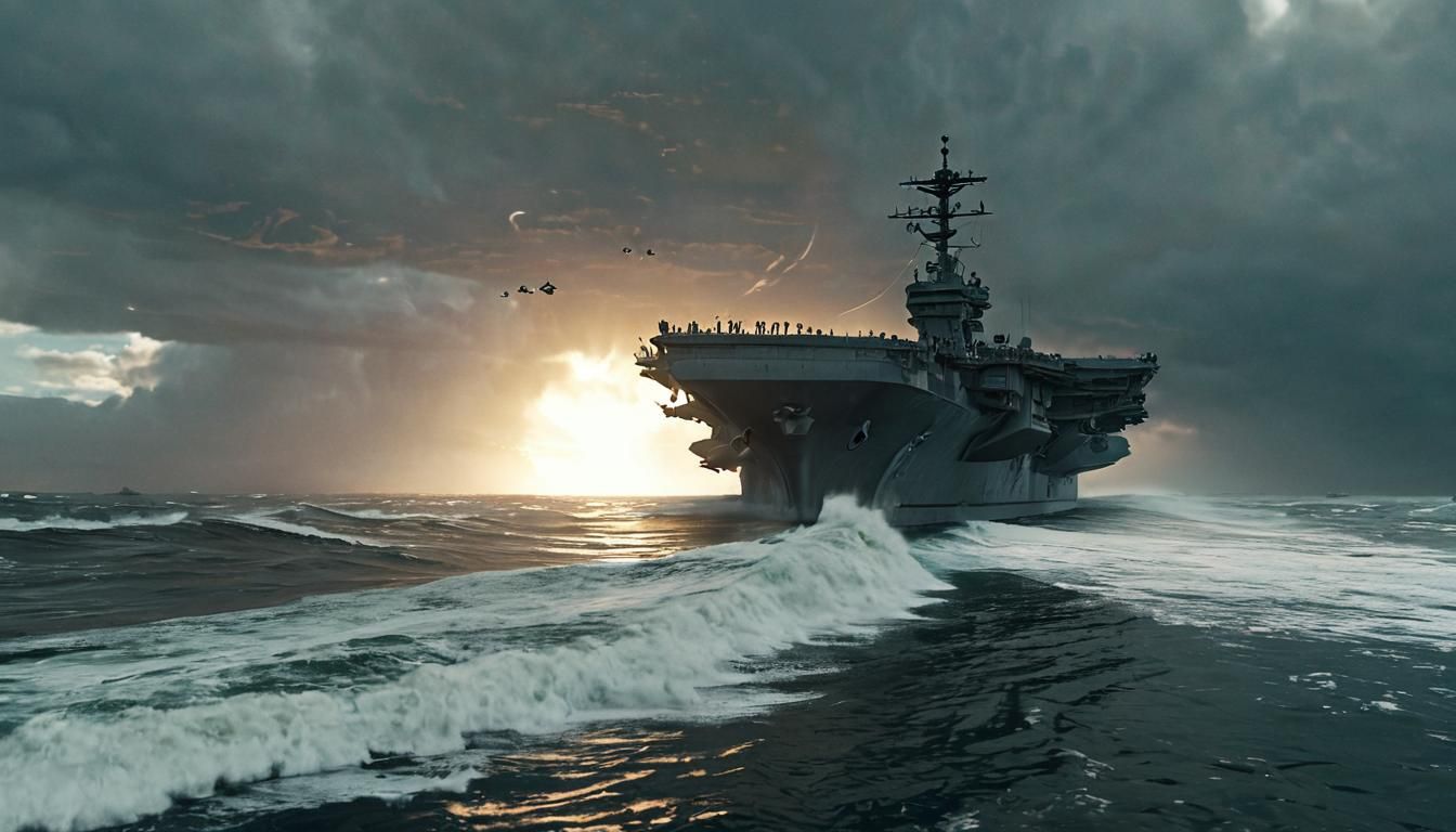 The aircraft carrier USS Nimitz on a rough sea with a "Weather Anomaly" coming at it from the stern