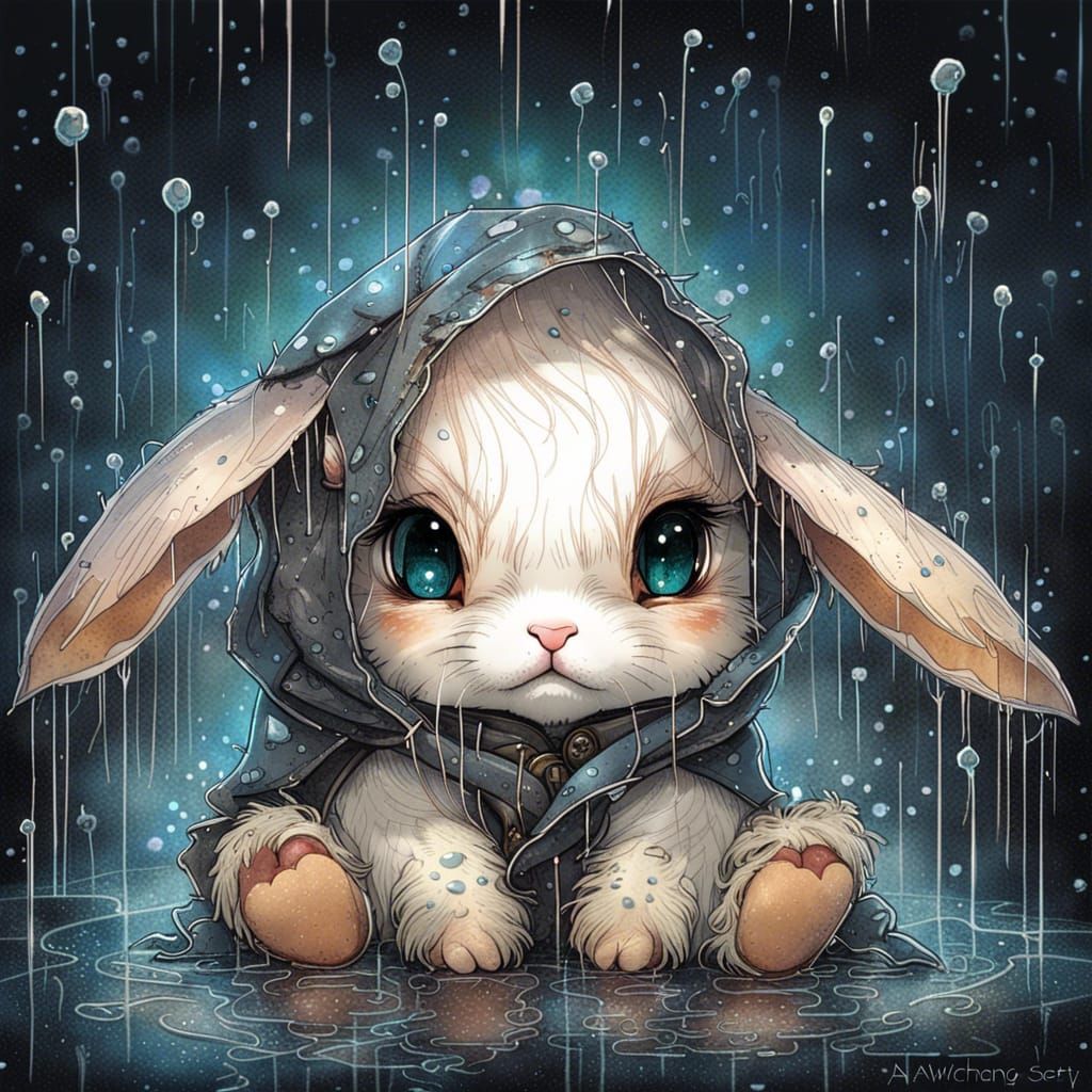 Chibi Bunny in Stormy Weather, Digital Art