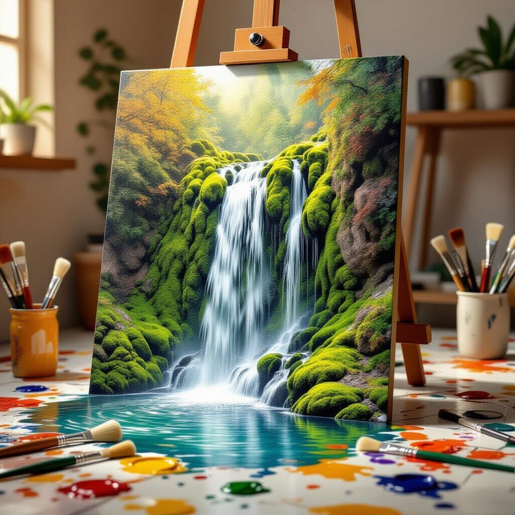 Moss Waterfall Painting Escapes Canvas into Autumn Forest