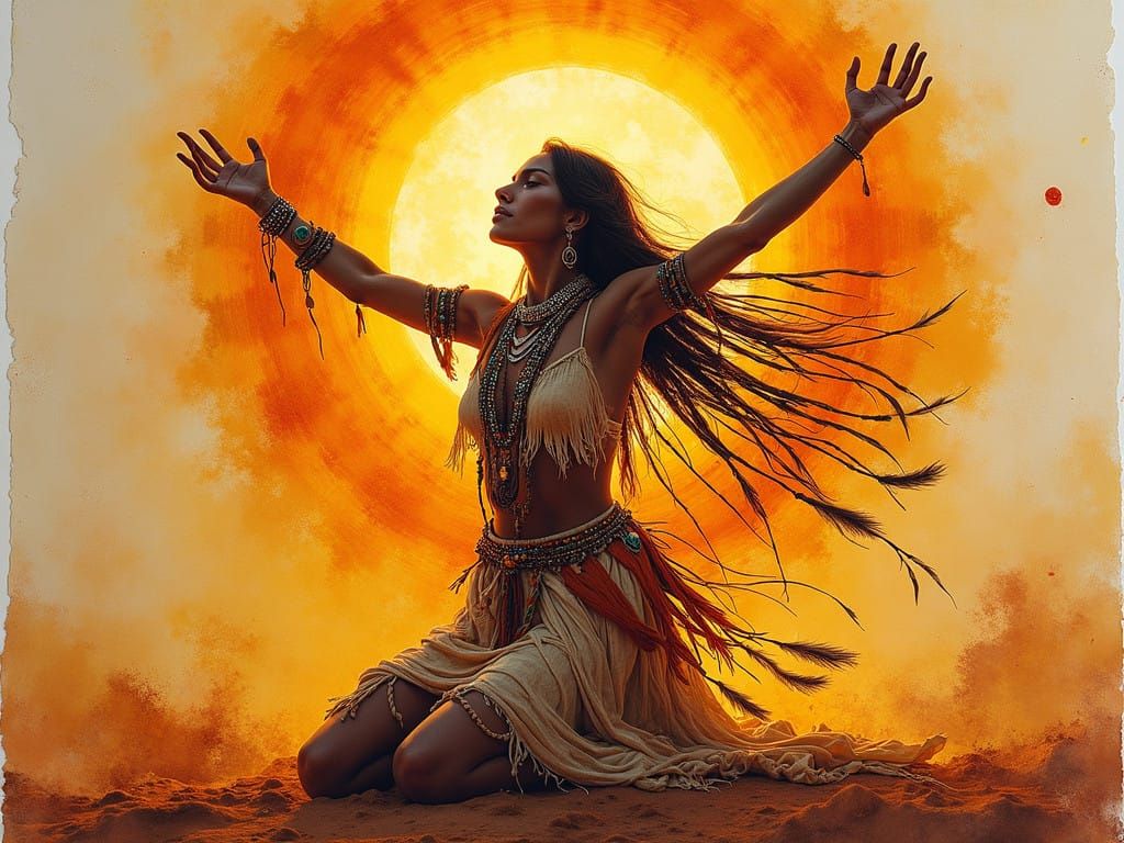 Majestic Native American Woman in Reverent Prayer to the Sun...
