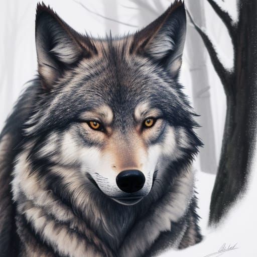 Realistic Wolf Portrait in Serene Forest Setting