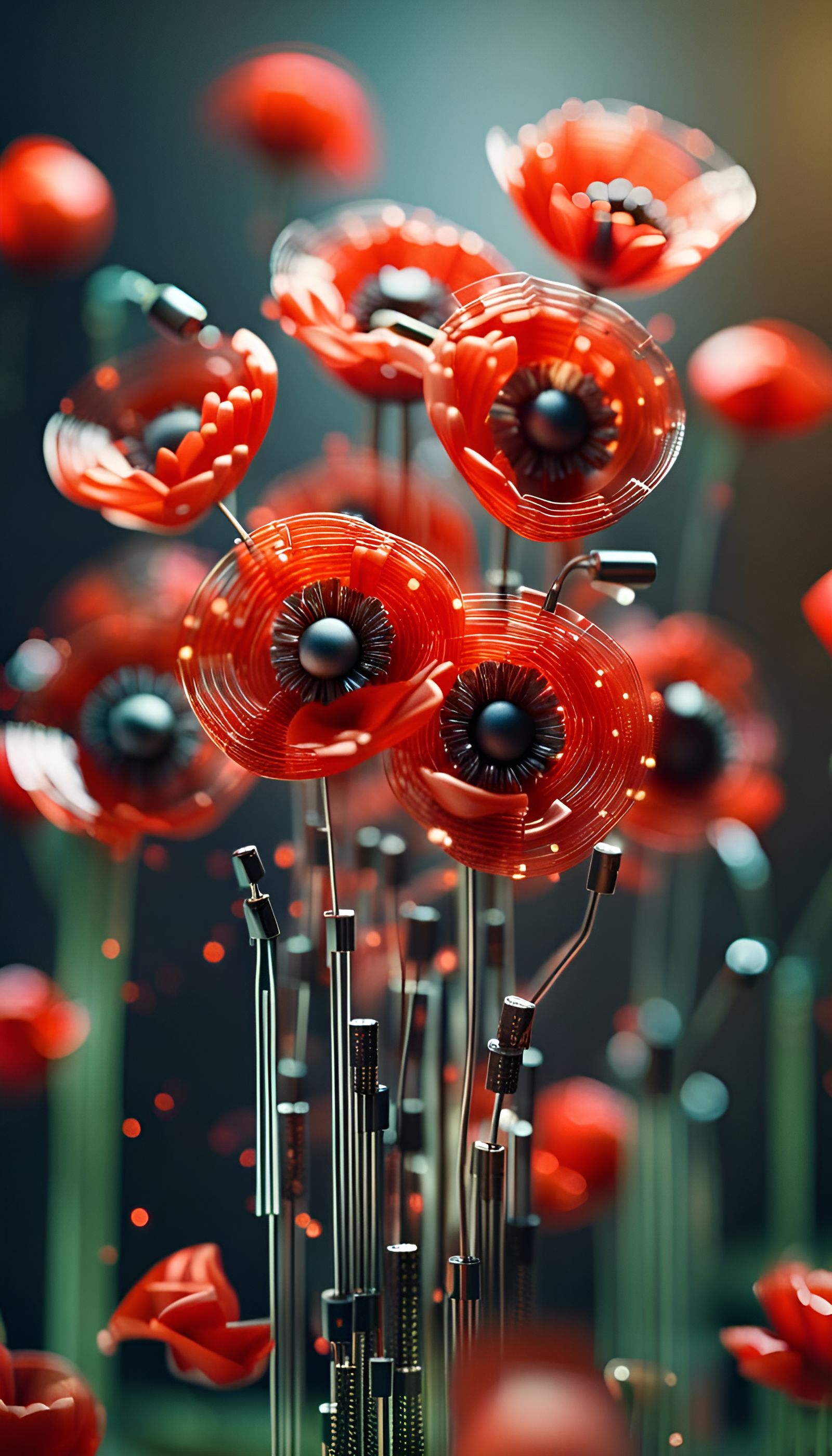 Microchip Poppy Bouquet: Photorealistic Tech Art