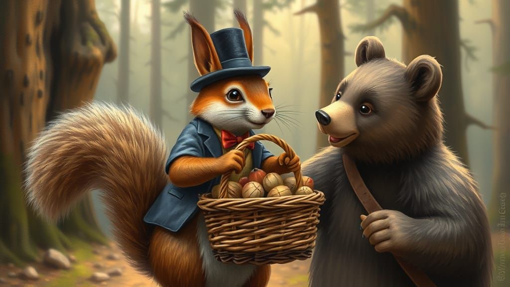 Squirrel in Top Hat Brings Gift in Gurney Style