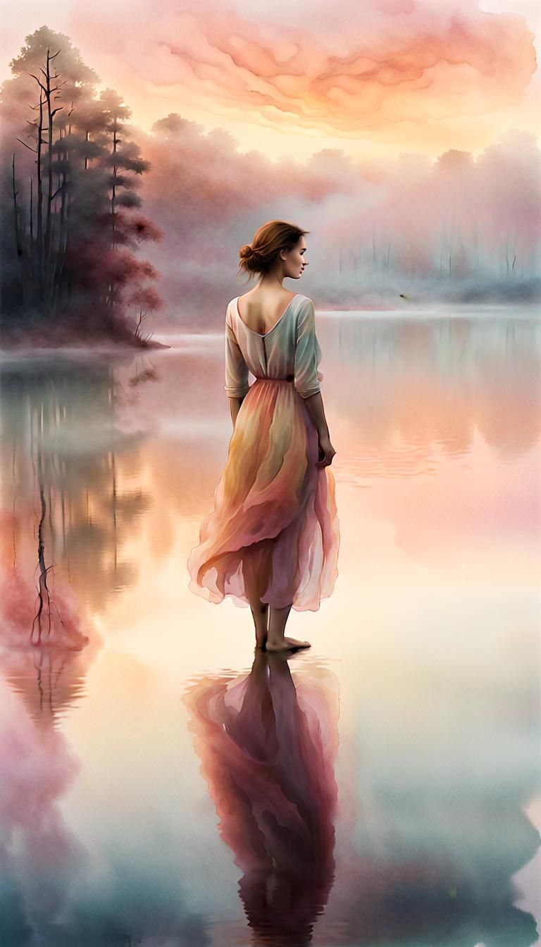 Woman at Misty Lake in Surreal Watercolor Style