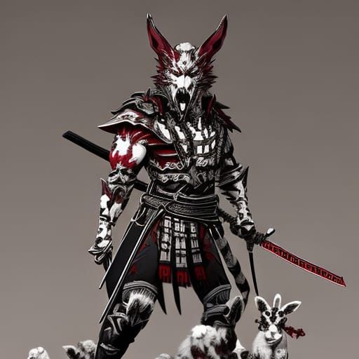 Undead Samurai Wolf in Ink with Skull Katana