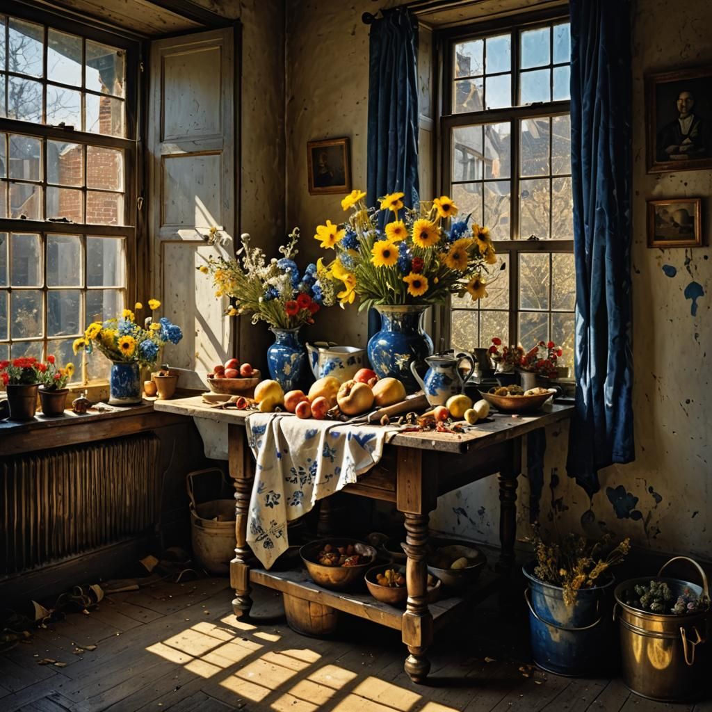 Still Life with Flowers in Delft Blue and Gold
