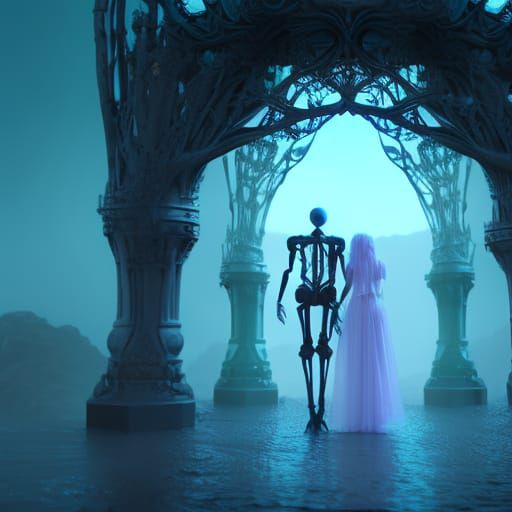 Skeleton Lovers with Gothic Roses in Futuristic Art