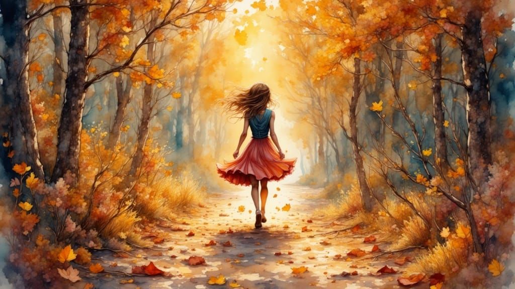 Woman Walks Through Autumn Leaves in Watercolor Style